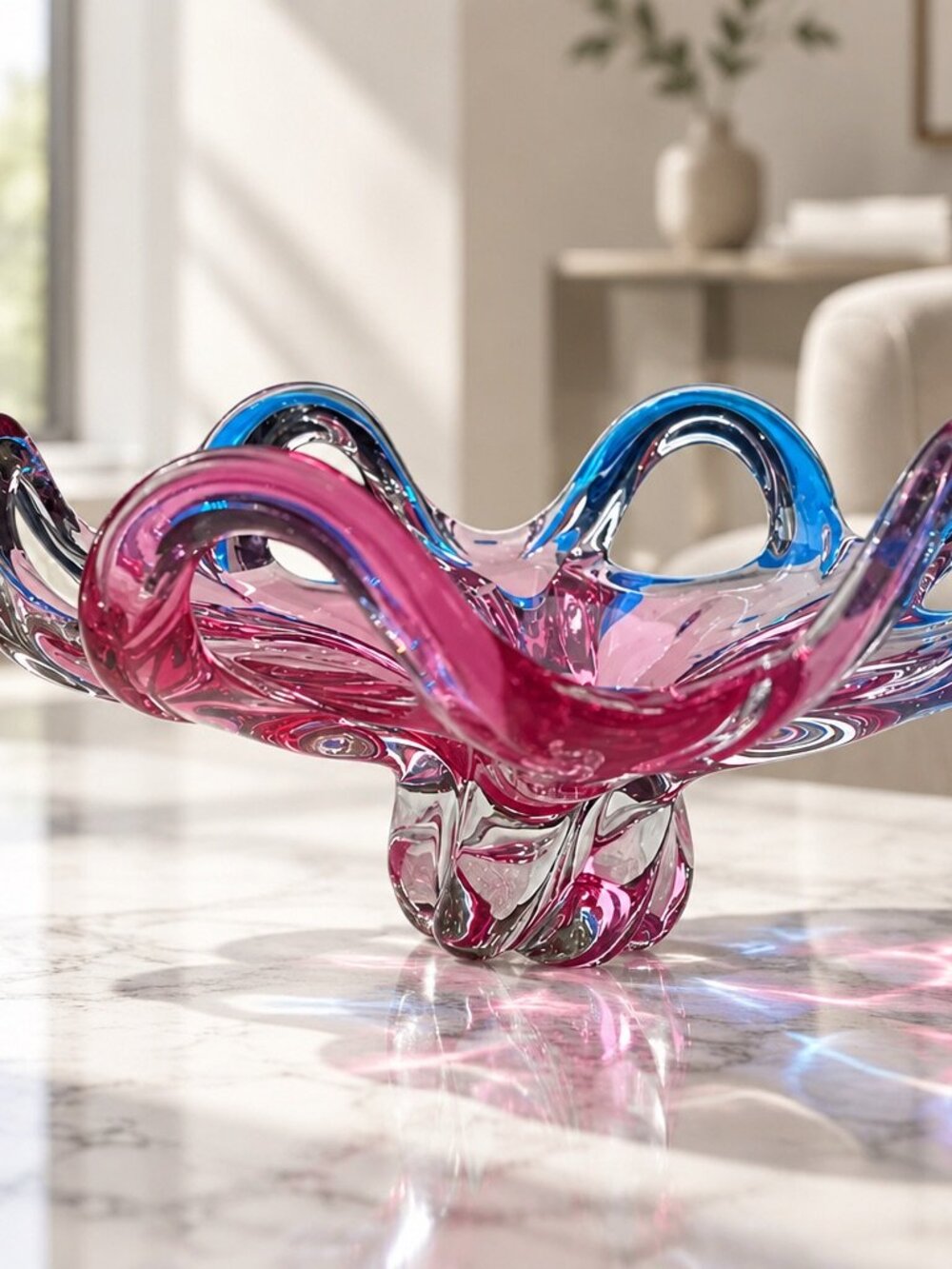 Josef Hospodka Chriibska Vintage Art Glass Centerpiece Bowl With Pink & Clear
